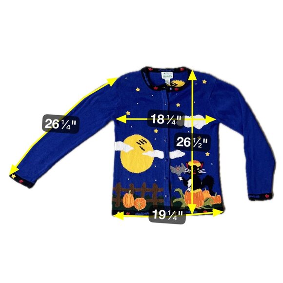 Vintage Quacker Factory Halloween Sweater Cardigan Med Black Cat Pumpkins Moon - Picture 8 of 8